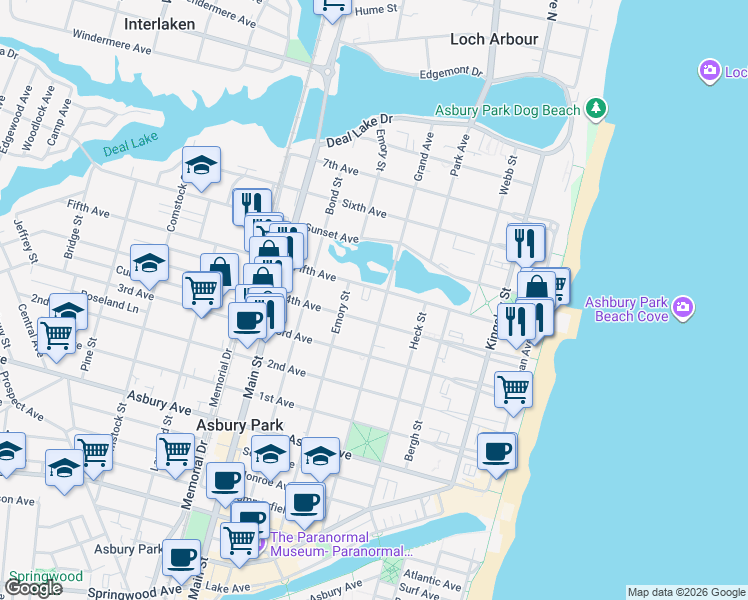 map of restaurants, bars, coffee shops, grocery stores, and more near 1200 Grand Avenue in Asbury Park