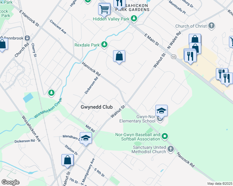 map of restaurants, bars, coffee shops, grocery stores, and more near 9 Wexford Road in North Wales