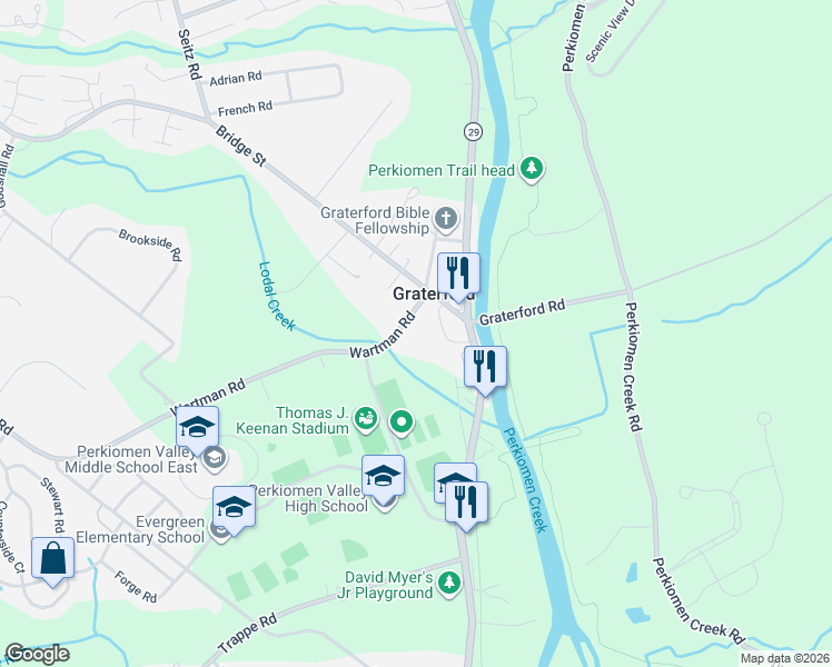 map of restaurants, bars, coffee shops, grocery stores, and more near 19 Wartman Road in Collegeville