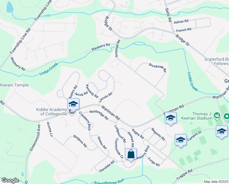map of restaurants, bars, coffee shops, grocery stores, and more near 118 Lincoln Road in Collegeville