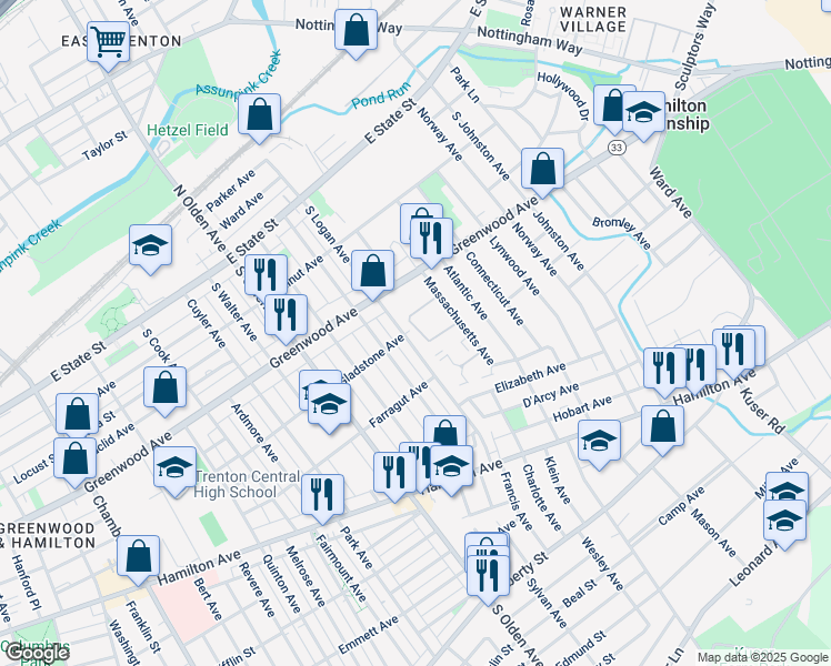 map of restaurants, bars, coffee shops, grocery stores, and more near 149 Washington Court in Hamilton Township