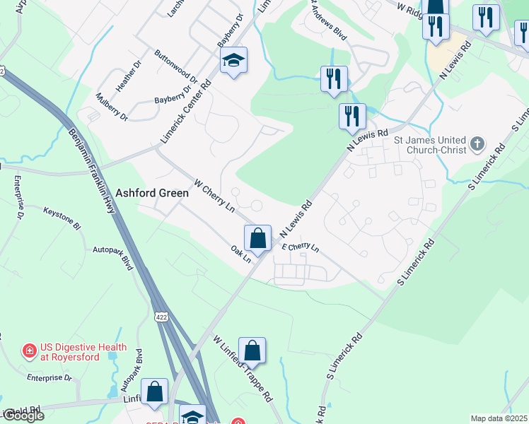 map of restaurants, bars, coffee shops, grocery stores, and more near 117 Winged Foot Court in Royersford