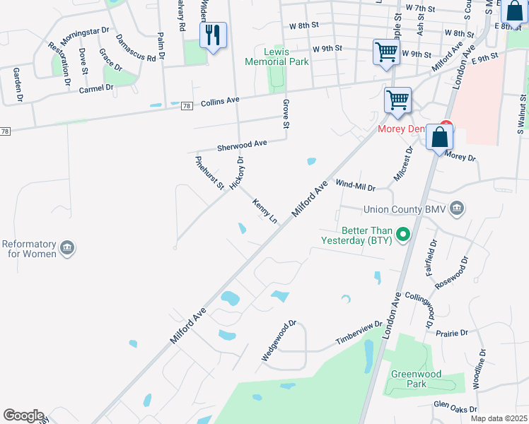 map of restaurants, bars, coffee shops, grocery stores, and more near 703 Kenny Lane in Marysville