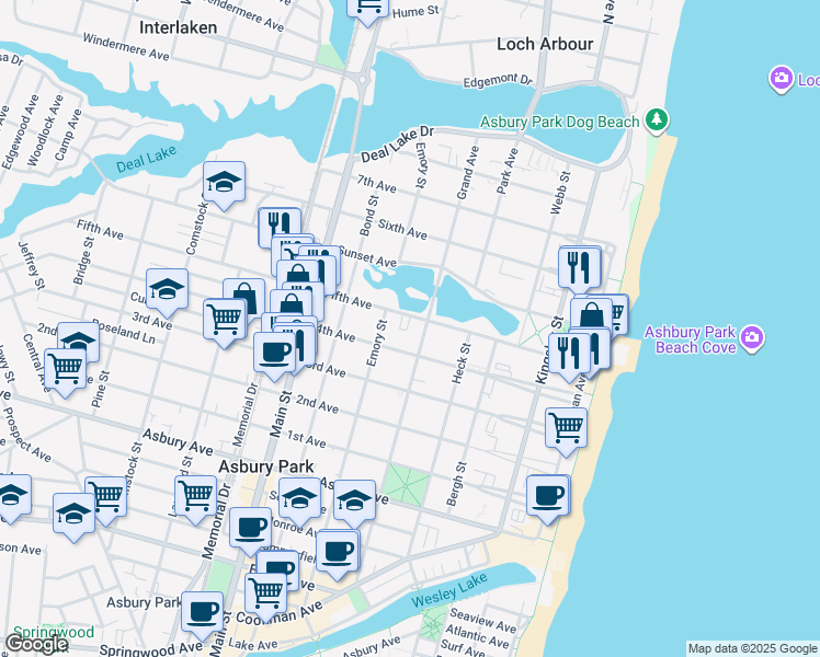 map of restaurants, bars, coffee shops, grocery stores, and more near 1200 Grand Avenue in Asbury Park