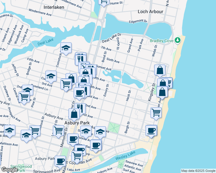 map of restaurants, bars, coffee shops, grocery stores, and more near 511 4th Avenue in Asbury Park