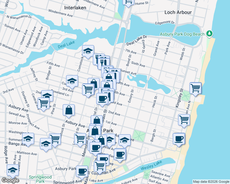 map of restaurants, bars, coffee shops, grocery stores, and more near 1114 Main Street in Asbury Park