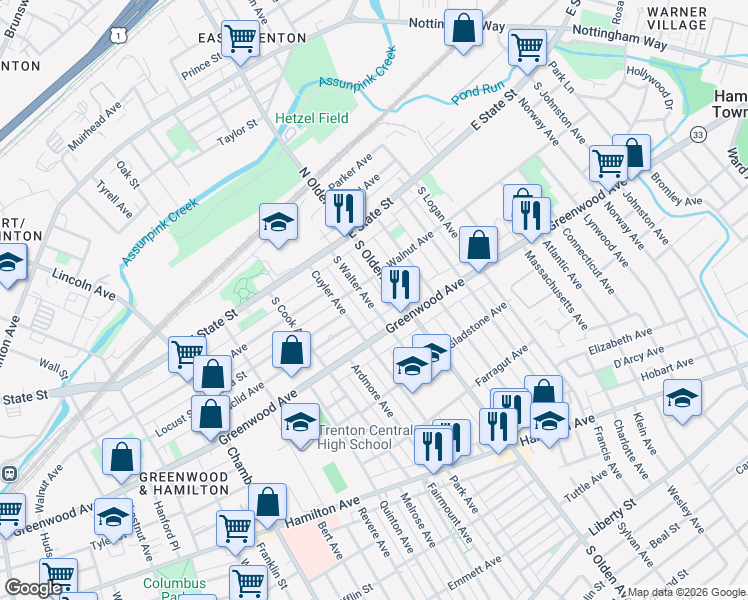 map of restaurants, bars, coffee shops, grocery stores, and more near 137 South Walter Avenue in Trenton