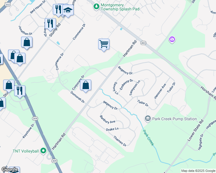 map of restaurants, bars, coffee shops, grocery stores, and more near 117 Savory Lane in North Wales