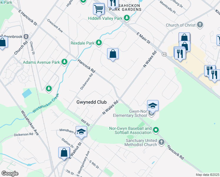 map of restaurants, bars, coffee shops, grocery stores, and more near 26 Derry Drive in North Wales