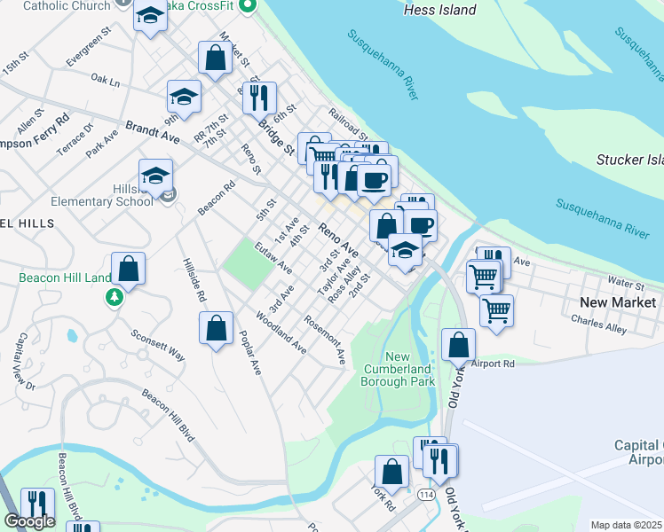 map of restaurants, bars, coffee shops, grocery stores, and more near 222 Geary Avenue in New Cumberland