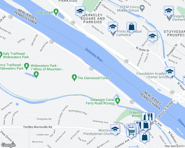 map of restaurants, bars, coffee shops, grocery stores, and more near 521 River Road in Morrisville