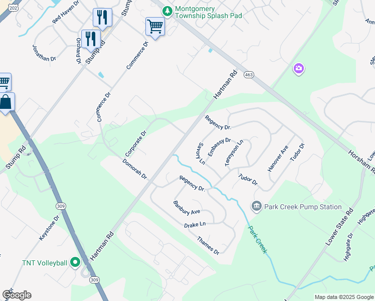 map of restaurants, bars, coffee shops, grocery stores, and more near 117 Savory Lane in North Wales