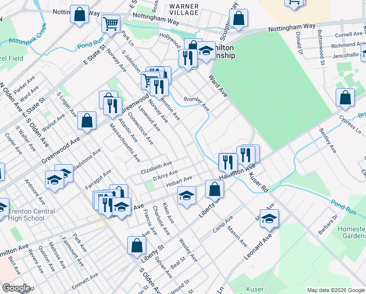 map of restaurants, bars, coffee shops, grocery stores, and more near in Hamilton Township
