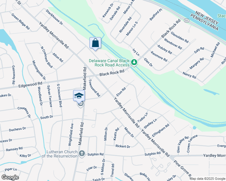map of restaurants, bars, coffee shops, grocery stores, and more near 1912 Yardley Morrisville Road in Yardley