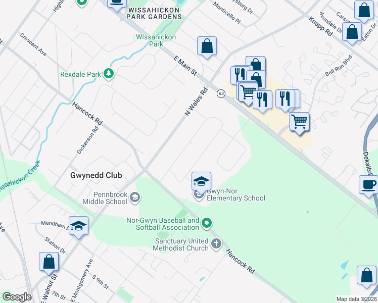 map of restaurants, bars, coffee shops, grocery stores, and more near 1433 Cathys Lane in North Wales