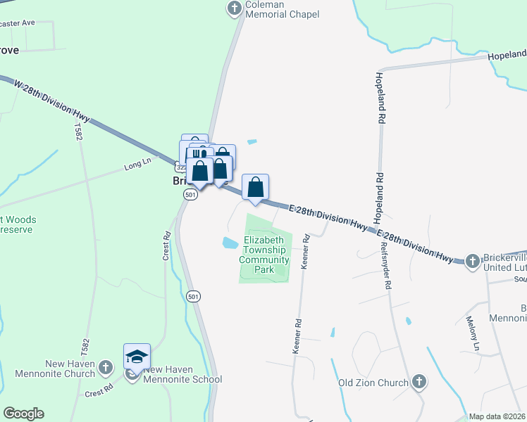 map of restaurants, bars, coffee shops, grocery stores, and more near 110 East 28th Division Highway in Lititz
