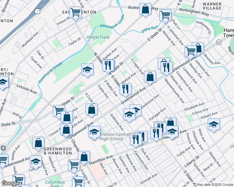 map of restaurants, bars, coffee shops, grocery stores, and more near 137 South Walter Avenue in Trenton