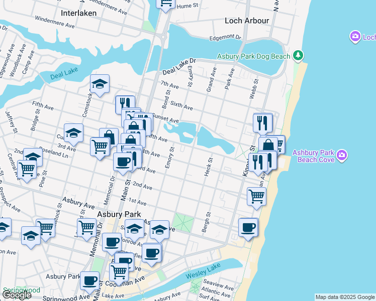 map of restaurants, bars, coffee shops, grocery stores, and more near 1211 Grand Avenue in Asbury Park