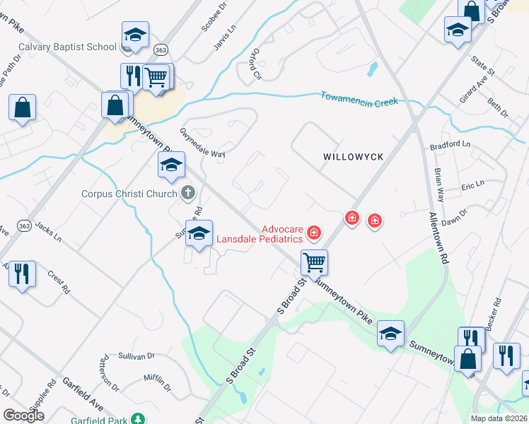 map of restaurants, bars, coffee shops, grocery stores, and more near 881 Sumneytown Pike in Lansdale