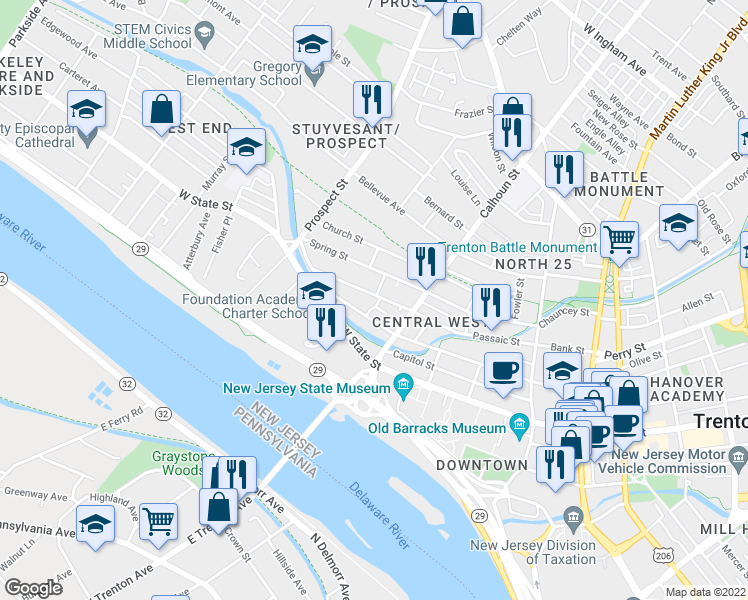 map of restaurants, bars, coffee shops, grocery stores, and more near 151 Passaic Street in Trenton