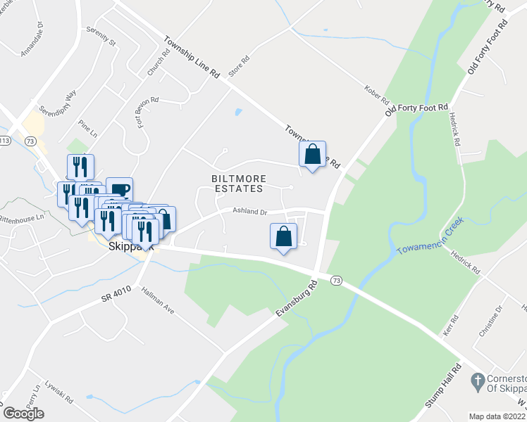 map of restaurants, bars, coffee shops, grocery stores, and more near 3945 Ashland Drive in Harleysville