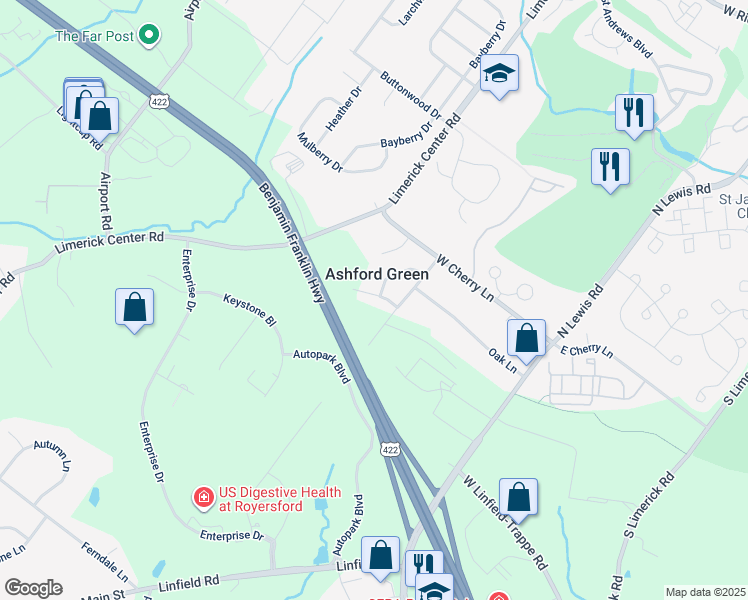map of restaurants, bars, coffee shops, grocery stores, and more near 217 Pery Court in Royersford