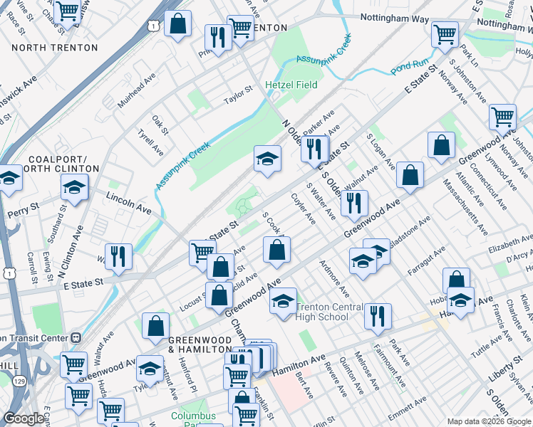 map of restaurants, bars, coffee shops, grocery stores, and more near 18 South Cook Avenue in Trenton