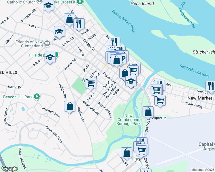 map of restaurants, bars, coffee shops, grocery stores, and more near 424 3rd Street in New Cumberland