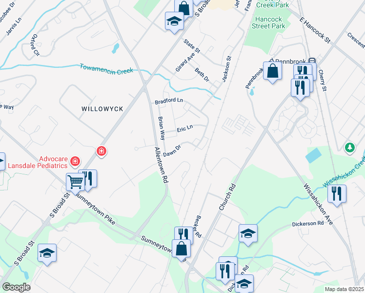 map of restaurants, bars, coffee shops, grocery stores, and more near 150 Dawn Drive in Lansdale