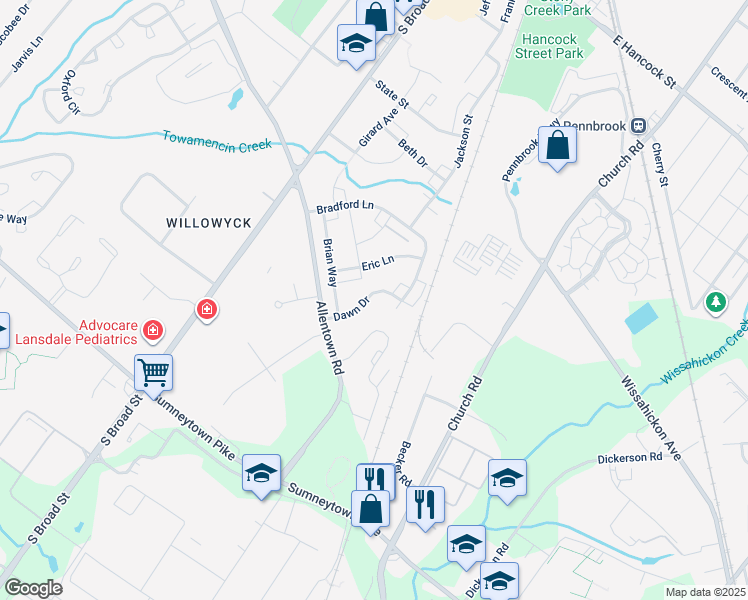 map of restaurants, bars, coffee shops, grocery stores, and more near 150 Dawn Drive in Lansdale