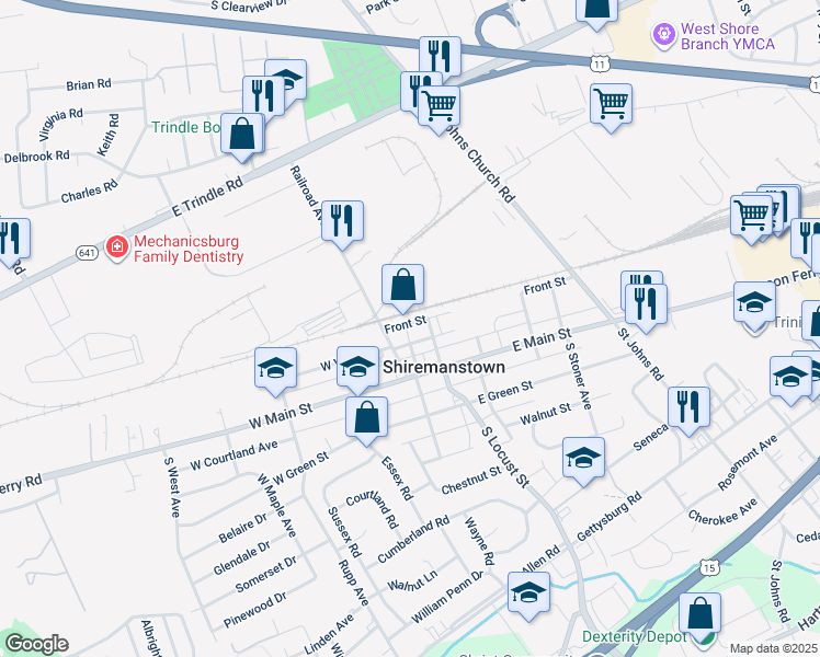 map of restaurants, bars, coffee shops, grocery stores, and more near 12 Front Street in Shiremanstown