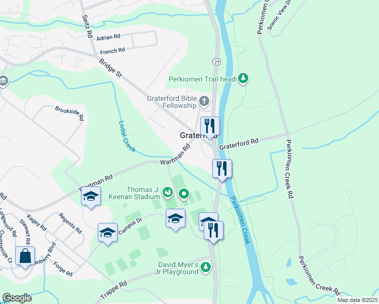 map of restaurants, bars, coffee shops, grocery stores, and more near 13 Wartman Road in Collegeville