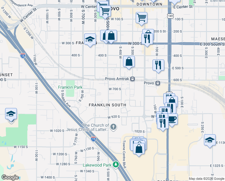 map of restaurants, bars, coffee shops, grocery stores, and more near 475 West 700 South in Provo