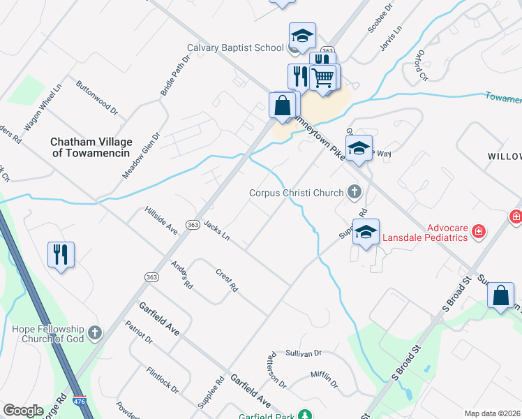 map of restaurants, bars, coffee shops, grocery stores, and more near 987 Geyer Road in Lansdale