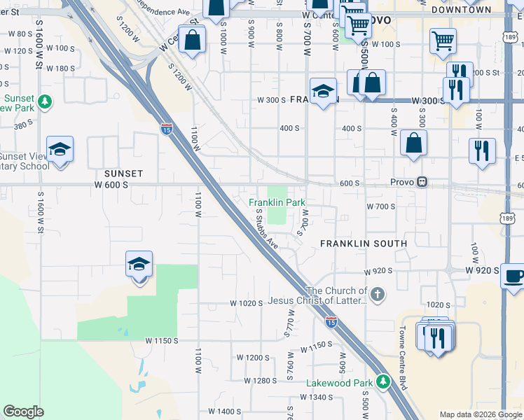 map of restaurants, bars, coffee shops, grocery stores, and more near 717 South Stubbs Avenue in Provo