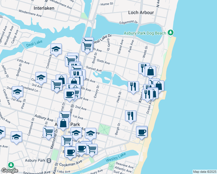 map of restaurants, bars, coffee shops, grocery stores, and more near 1200 Grand Avenue in Asbury Park