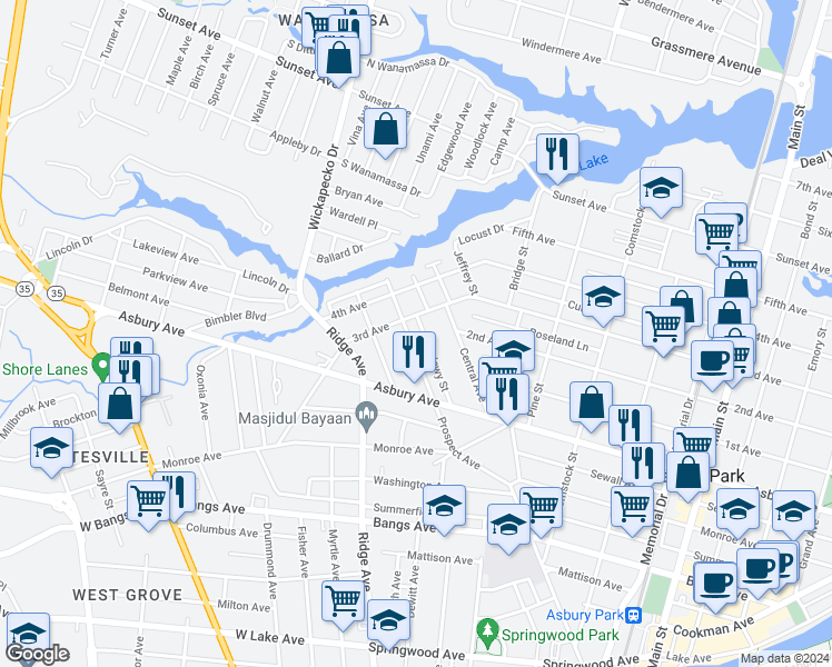 map of restaurants, bars, coffee shops, grocery stores, and more near 818 Drummond Avenue in Asbury Park