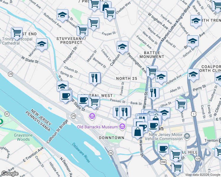 map of restaurants, bars, coffee shops, grocery stores, and more near 77 Spring Street in Trenton
