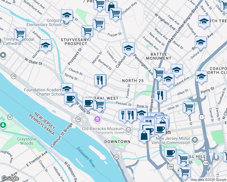 map of restaurants, bars, coffee shops, grocery stores, and more near 77 Spring Street in Trenton