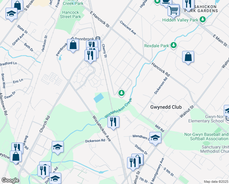 map of restaurants, bars, coffee shops, grocery stores, and more near 827 Pennbrook Avenue in Lansdale
