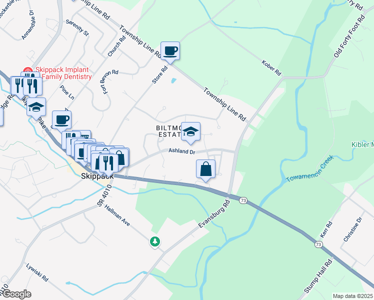 map of restaurants, bars, coffee shops, grocery stores, and more near 3930 Ashland Drive in Harleysville
