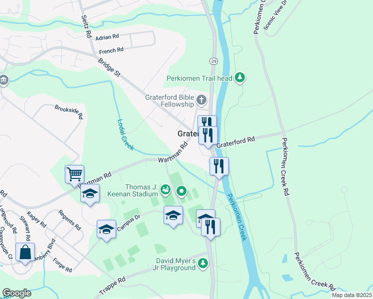 map of restaurants, bars, coffee shops, grocery stores, and more near 13 Wartman Road in Collegeville
