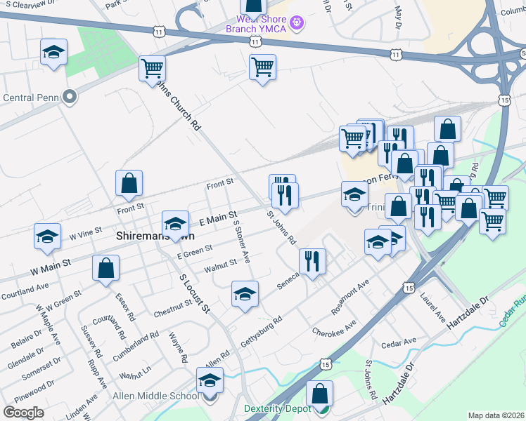 map of restaurants, bars, coffee shops, grocery stores, and more near 417 East Green Street in Shiremanstown