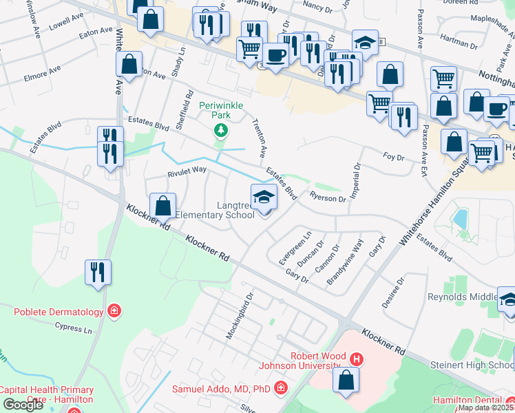 map of restaurants, bars, coffee shops, grocery stores, and more near 2080 Whatley Road in Hamilton Township