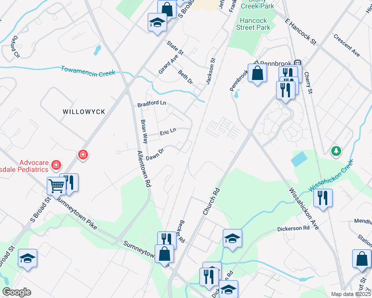 map of restaurants, bars, coffee shops, grocery stores, and more near 343 Bradford Lane in Lansdale