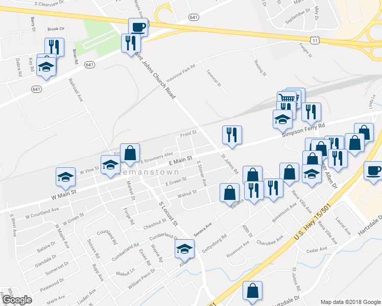 map of restaurants, bars, coffee shops, grocery stores, and more near 311 East Main Street in Shiremanstown