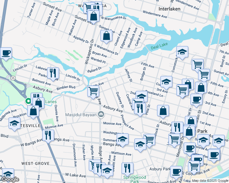 map of restaurants, bars, coffee shops, grocery stores, and more near 818 Drummond Avenue in Asbury Park