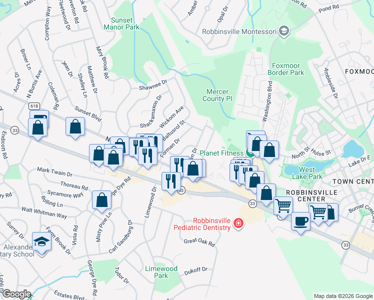 map of restaurants, bars, coffee shops, grocery stores, and more near 17 Maguire Road in Hamilton Township