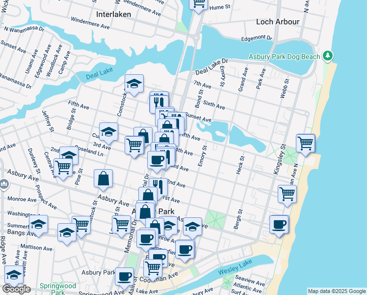 map of restaurants, bars, coffee shops, grocery stores, and more near 701 4th Avenue in Asbury Park