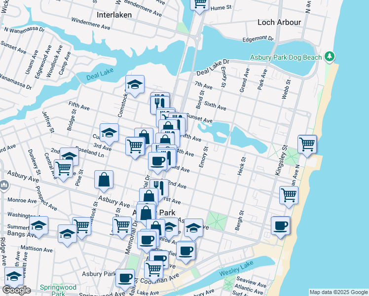 map of restaurants, bars, coffee shops, grocery stores, and more near 701 4th Avenue in Asbury Park